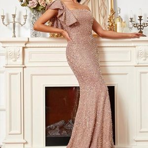 Sequin one shoulder butterfly sleeve mermaid hem floor dress